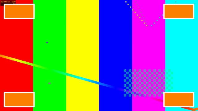One frame of the test video at 1 second, 640x360 on this page: the testsrc2 colour bars, with the same orange rectangle with a white border in each of the four corners, each the same small distance in from both edges.