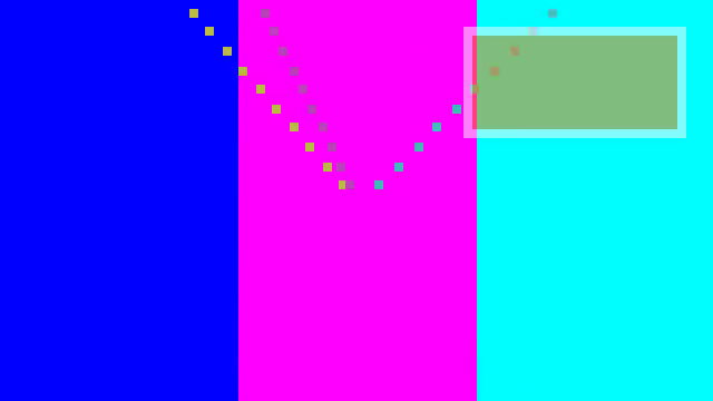 The top-right quarter of one frame of half.mp4 at full size: the orange logo with its white border at half strength, the cyan and magenta bars of the test pattern showing through it.