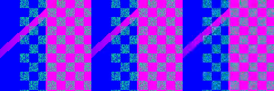 Three square patches of the same video frame side by side, each showing a blue and magenta checkerboard whose squares are filled with teal and grey pixel noise, crossed by a thin purple diagonal line. The left patch is the lossless original and the middle one is CRF 23: they look almost the same, every noise pixel sharp. In the right patch, CRF 33, the noise inside the squares is smeared into soft blotches and the diagonal line has blurred edges.