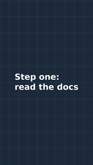 The same frame as the textfile version: "Step one:" above "read the docs" in white in the middle, both lines starting at the same left edge