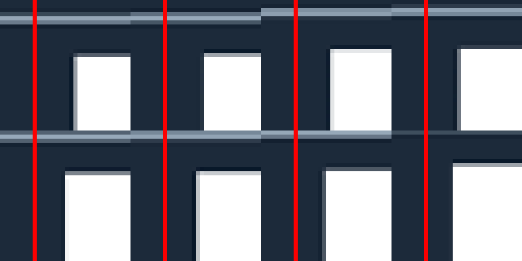 Frames 0 to 7 of the plain zoompan zoom, enlarged so one pixel is a block, in two rows of four: the top-left corner of the white square on the dark blue grid, with a red vertical line fixed on the left. Frame by frame the square's left edge closes in on the red line, except in frame 5 (second in the lower row), where it sits one pixel further from the line than in frame 4.