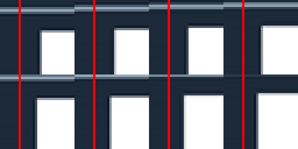 The same frames 0 to 7 of the zoom with the image scaled up 4x before zoompan: the white square's left edge either moves one pixel closer to the red line or stays where it was, and in no frame does it step back away from the line.