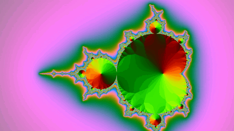 The frame at 2 seconds of dither-none.gif, 480x270: the Mandelbrot shape on a pink background that is drawn in visible curved bands of slightly different pinks instead of a smooth gradient.