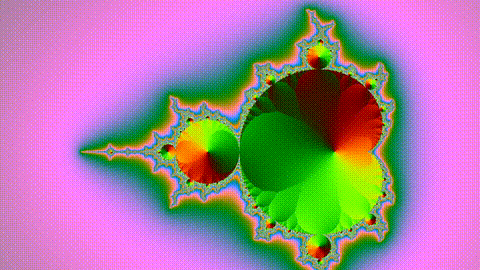 The frame at 2 seconds of naive-480.gif, no palette at 480x270: the whole Mandelbrot shape, its pink background washed pale and covered in a regular grid of coloured dots.