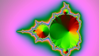 The frame at 2 seconds of w320.gif, 320x180 with a palette: the whole Mandelbrot shape at a smaller size, with the same smooth pink background and the same green and red discs.