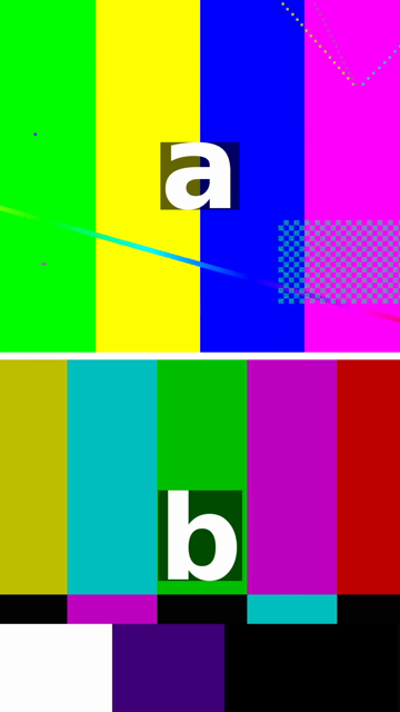 One frame of the split-screen with a gap at 1 second, shown at 360x640: clip a on top and clip b underneath, as in the plain split-screen, but separated by a thin white horizontal band across the middle of the frame.