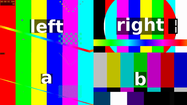 One frame of the 2x2 grid at 1 second, 640x360 on this page: left.mp4 top left, right.mp4 top right, the scaled-down a clip bottom left and the SMPTE bars of b bottom right, each cell a quarter of the frame with no gaps or overlaps.
