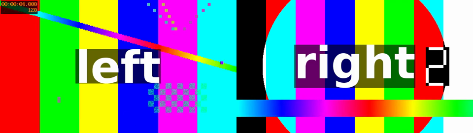 A frame from the side-by-side output at 4 seconds, 960x270 on this page: on the left, the testsrc2 colour bars of left.mp4 with the word left in the middle and its own clock in the corner reading 4 seconds; on the right, the testsrc pattern of right.mp4 with the word right, its counter stuck at 2 because that clip ended at 3 seconds and its last frame is being held.