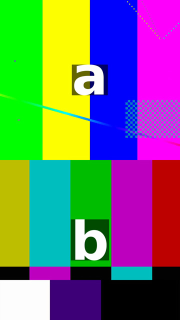 One frame of the 1080x1920 split-screen at 1 second, shown at 360x640: the top half is clip a, the testsrc2 colour bars with the letter a, cut down to its middle columns; the bottom half is clip b, the SMPTE colour bars with the letter b, also cut at both sides; there is no gap between the halves.