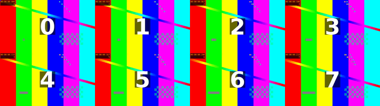 Eight frames of the 2x output written with -r 60, colour bars with a large white frame number on each, reading 0 to 7 in order across two rows: every source frame is kept