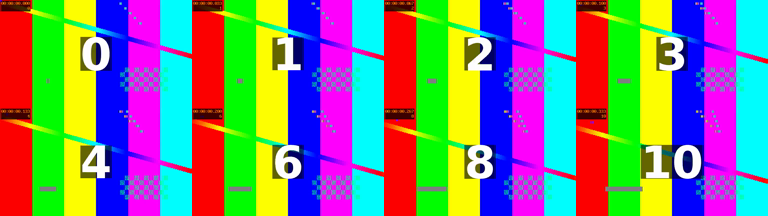 Eight frames of the 2x output in two rows, colour bars with a large white frame number on each: the first row reads 0, 1, 2, 3 and the second 4, 6, 8, 10, so the first five source frames were all kept and from there every other frame was dropped