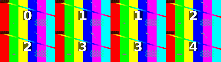 Eight frames of the half-speed output in two rows, colour bars with a large white frame number on each, reading 0, 1, 1, 2 and 2, 3, 3, 4: after the first frame, every source frame appears twice