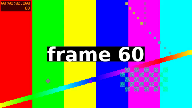 First frame of out.mp4 decoded with -ignore_editlist 1: the test pattern with "frame 60" in large white letters, and 00:00:02.000 and 60 in the top-left corner, the keyframe 1.5 seconds before the requested start