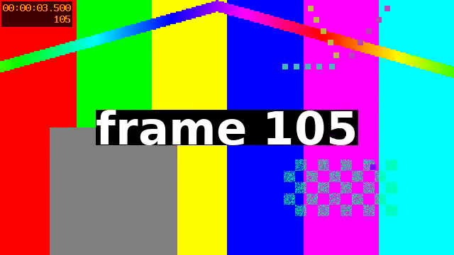 First frame of out.mp4, the -c copy cut with -ss 3.5 before -i: a colour-bar test pattern with "frame 105" in large white letters on a black box, and 00:00:03.500 and 105 in the top-left corner