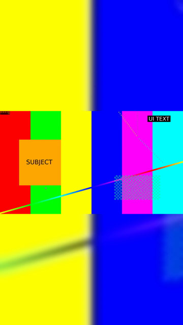 Blurred-fill output, 9:16: the full widescreen frame, SUBJECT box and UI TEXT caption included, sits sharp across the middle, with a heavily blurred yellow and blue enlargement of the same video filling the space above and below