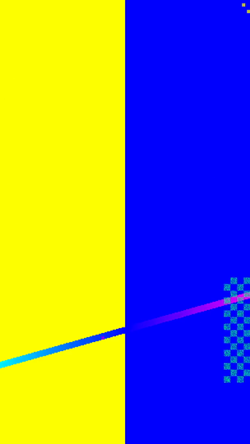 Centre-crop output, 9:16: only a yellow bar and a blue bar fill the frame, cut by a diagonal line; the orange SUBJECT box and the UI TEXT caption are both gone
