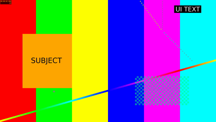 The synthetic 16:9 source frame: vertical colour bars from red at the left to cyan at the right, an orange box labelled SUBJECT in the left third, and a black caption reading UI TEXT in the top-right corner