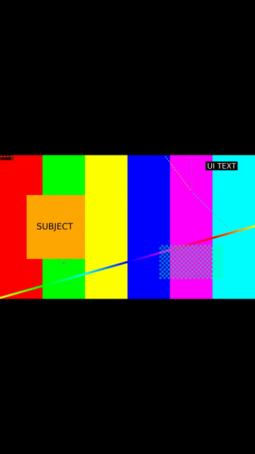 Letterbox-pad output, 9:16: the full widescreen frame, SUBJECT box and UI TEXT caption included, across the middle, with solid black filling the space above and below