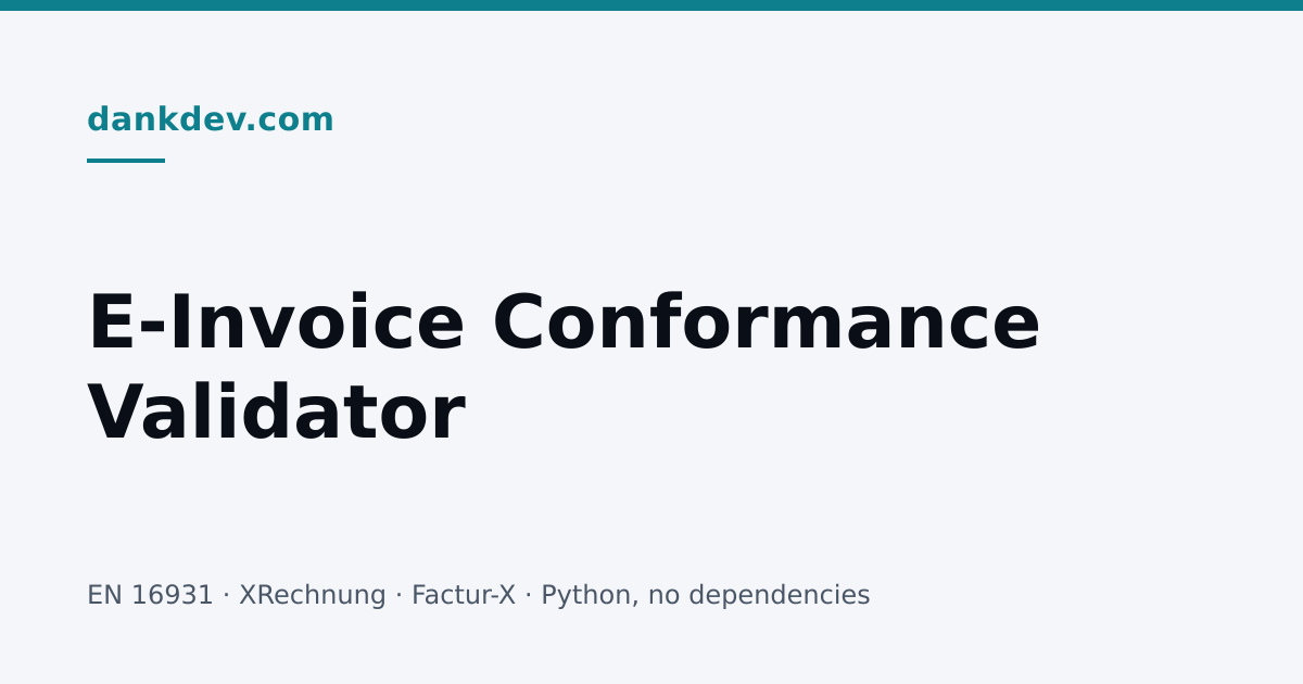 Social card: the teal dankdev.com wordmark and a short teal rule above the words 'E-Invoice Conformance Validator' in large dark type across two lines, with a grey footer line reading 'EN 16931 · XRechnung · Factur-X · Python, no dependencies' on a near-white background.